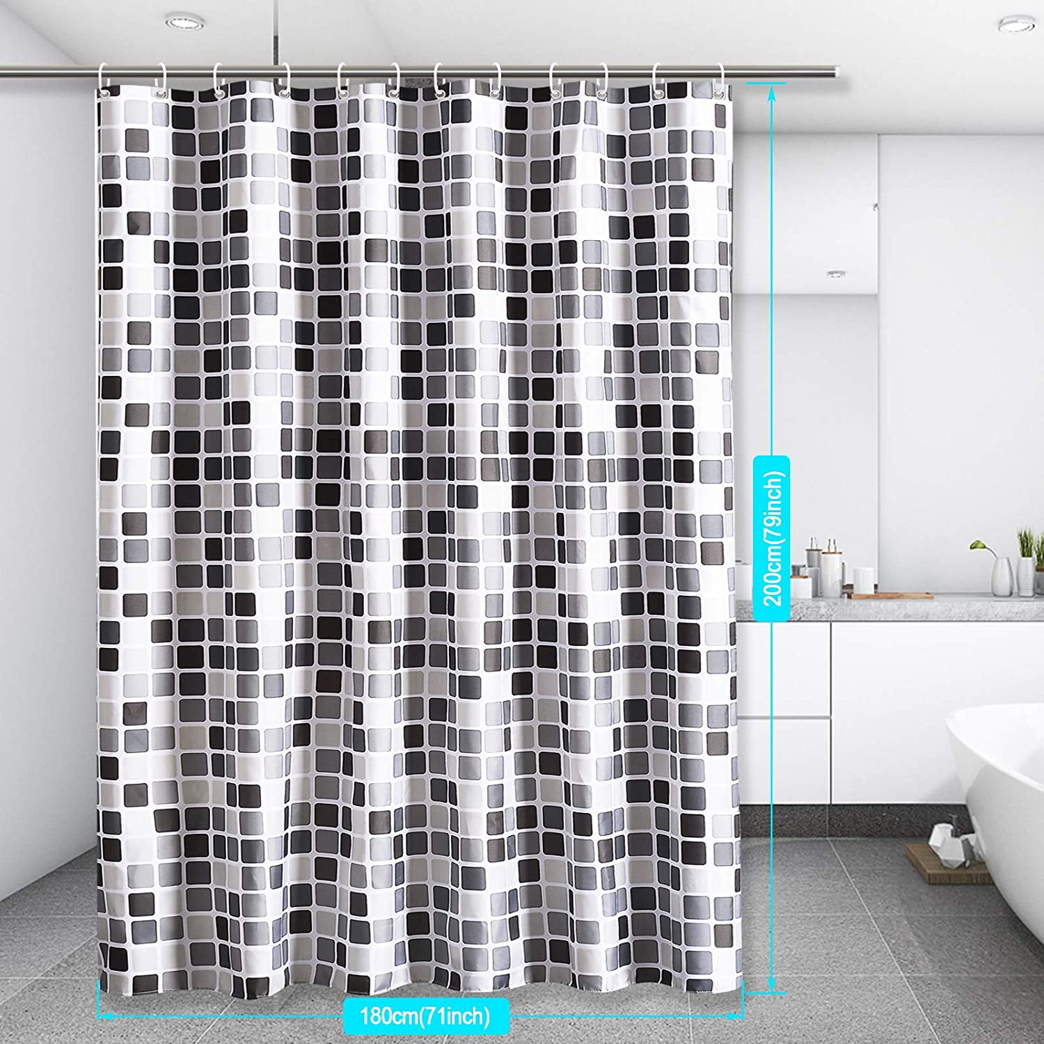 Shower Curtain & Ring Hooks Waterproof Polyester Fabric Bathroom 180 x 200CM 