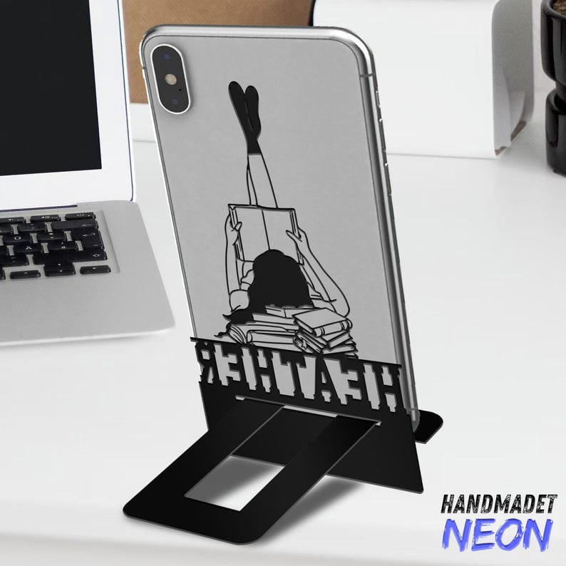 Handmadetneonsign Girl Reading Book Phone Stand, Bookworm Metal Cell Phone Desk, Phone Holder 95284