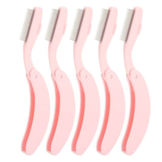 Peine de pestañas con mango curvo de 5 piezas, de acero inoxidable, plegable, para maquillaje, color rosa