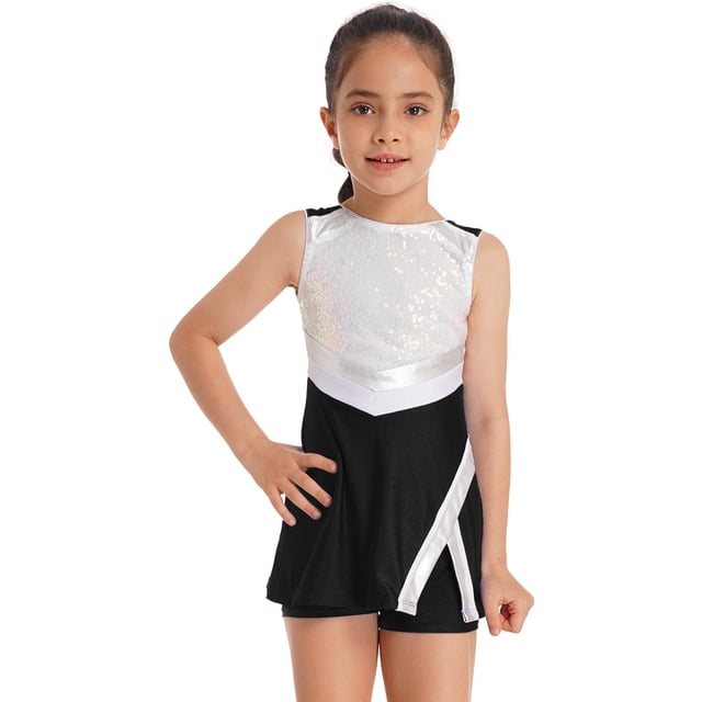 Raenseen Costume de Cheerleading pour Filles Enfants Robe Sans Manches à Sequins avec Short Tenue de Tennis Golf Noir 8