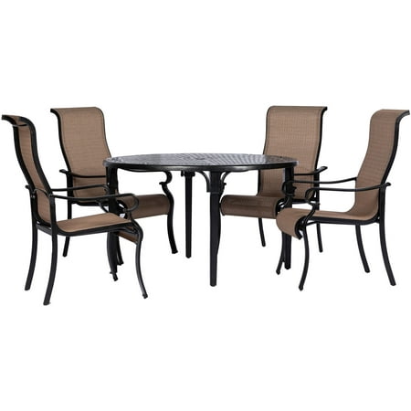 Hanover Brigantine 5-Piece Modern Outdoor Dining Set | 4 Contoured Stackable Sling Chairs | 50 Round Cast-Top Table | Weather Rust UV Resistant | Tan/Bronze | BRIGDN5PCRD