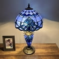 thumbnail image 3 of Tiffany Table Lamp Blue Stained Glass Shade And Base Baroque Style Lavender LED Bulbs Included for Living Room Bedroom Bedside 12"W*12"D*22"H, 3 of 7