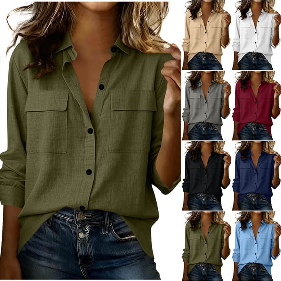Miluxas Relaxed Fit Textured Button Down Blouse for Women – Long Sleeve Chest Pocket Utility Shirt for Work, Travel & Casual Outfits White