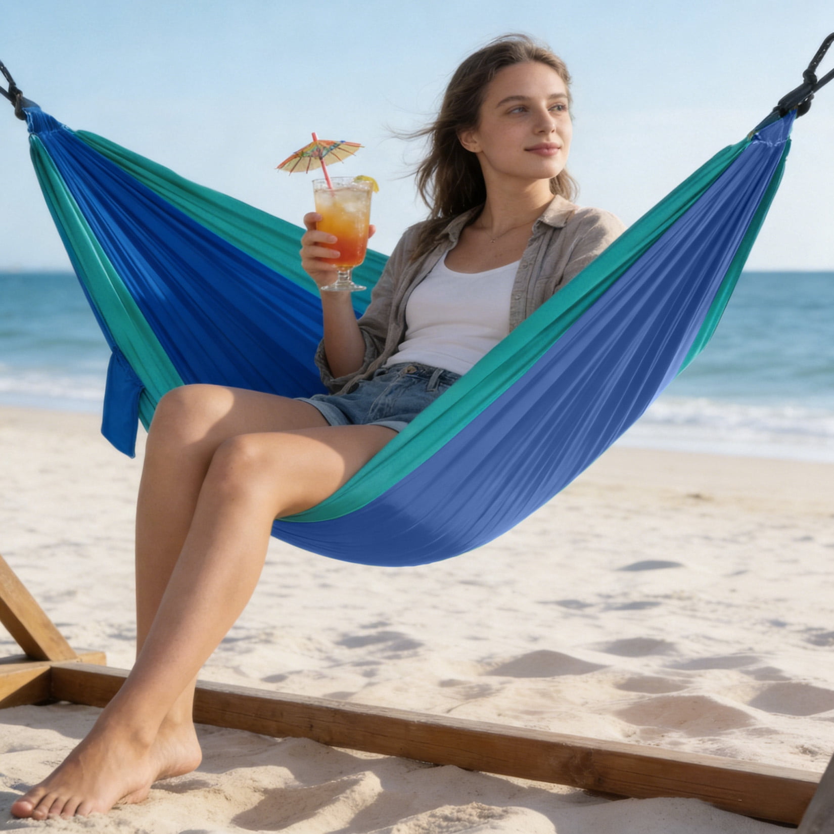 Double Camping Hammock with Straps Portable Lightweight Nylon Hammock 10FT x 6.5FT Heavy Duty Parachute Hammock for Outdoor Backpacking Travel Backyard, Blue