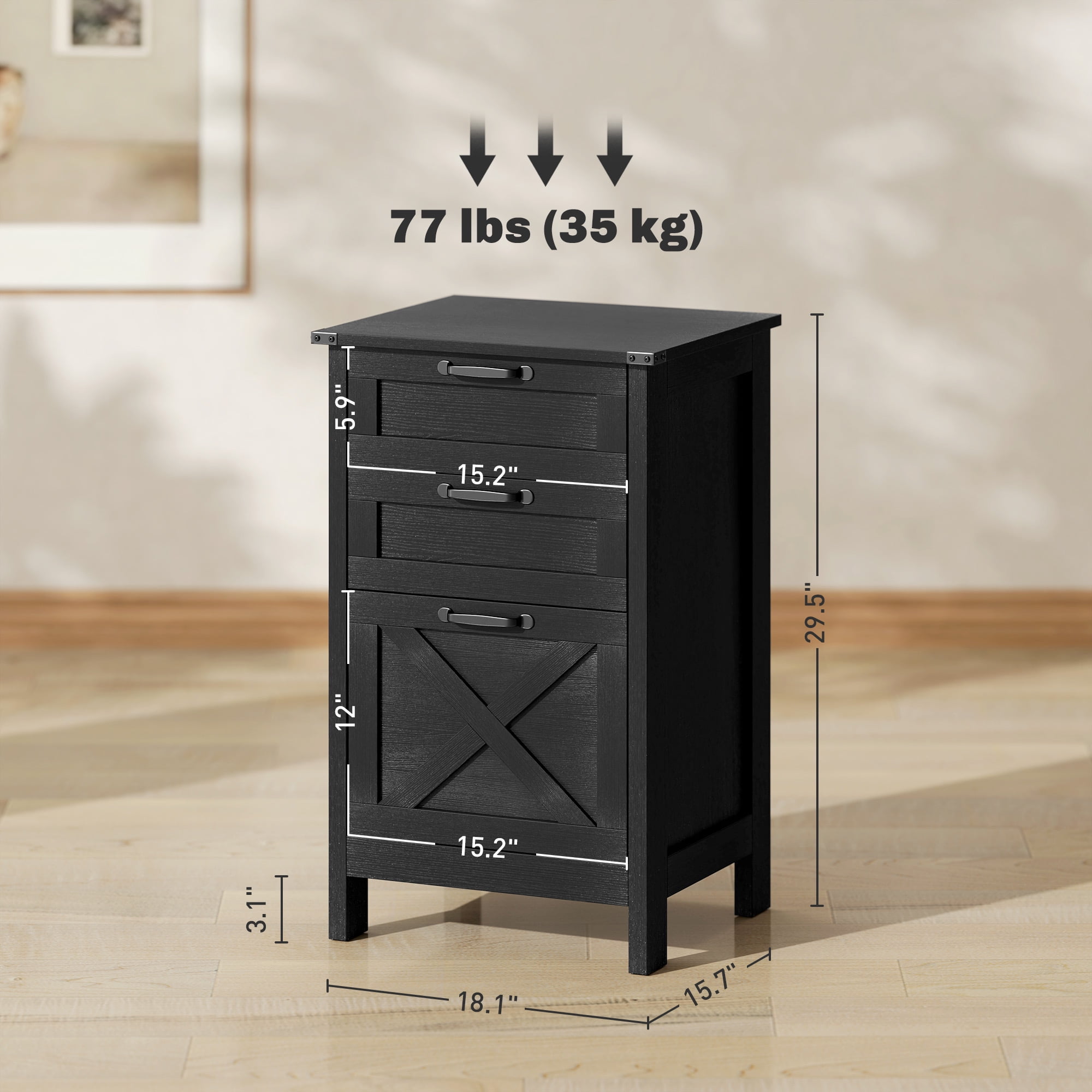 HOMCOM 3 Drawer File Cabinet, Filing Cabinet for Hanging A4/Letter Size, Farmhouse Printer Stand with Storage for Home Office, Distressed Black