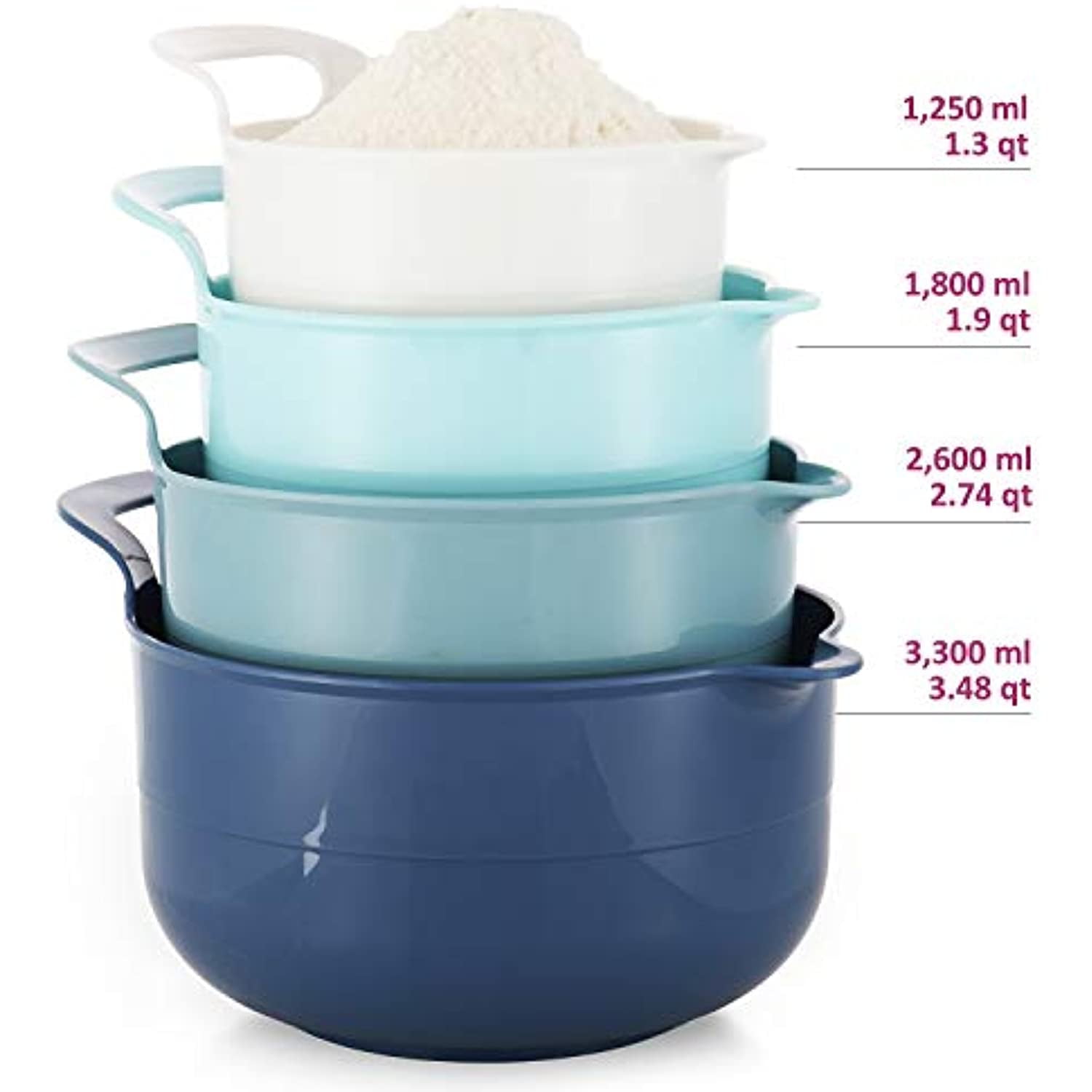 JCXivan Mixing Bowls with Lids Set,4 Piece Large Plastic Nesting Mixing  Bowls,Includes 4 Microwave safe Mixing Bowl and An Egg Whisk for Kitchen