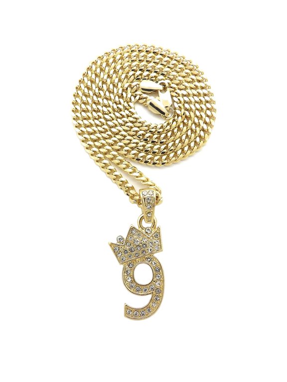 Stone Stud Tilted Crown Number Micro Pendant with 4mm Cuban Chain Necklace, #9/Gold-Tone/24"
