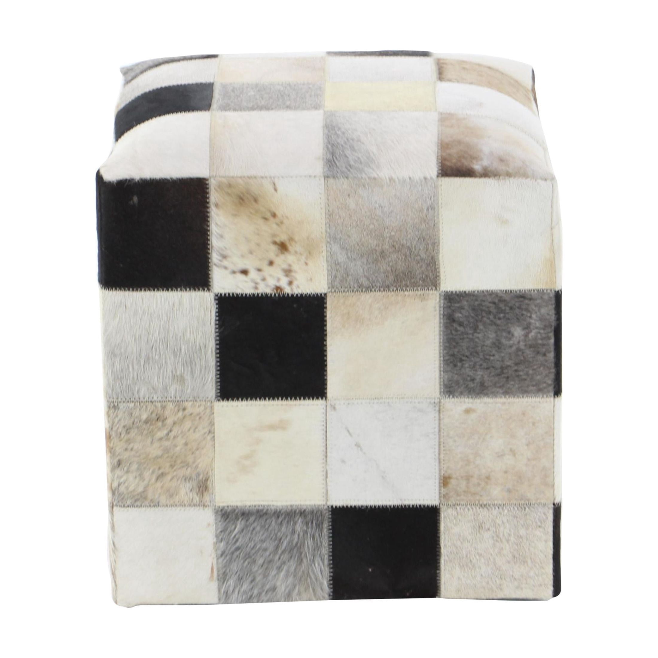 DecMode Leather Handmade Cowhide Stool with Patchwork Pattern, Multi Colored