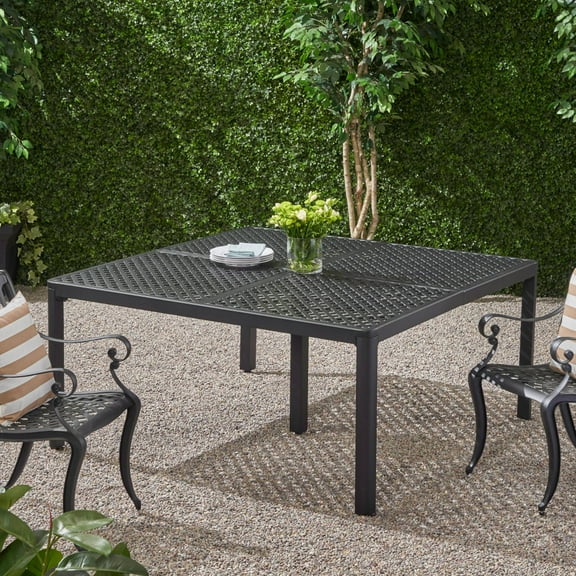 Outdoor Modern Square Dining Table with Woven Accents, Aluminum Dining Table with A Metal Weave Tabletop, All-Weather Resistance