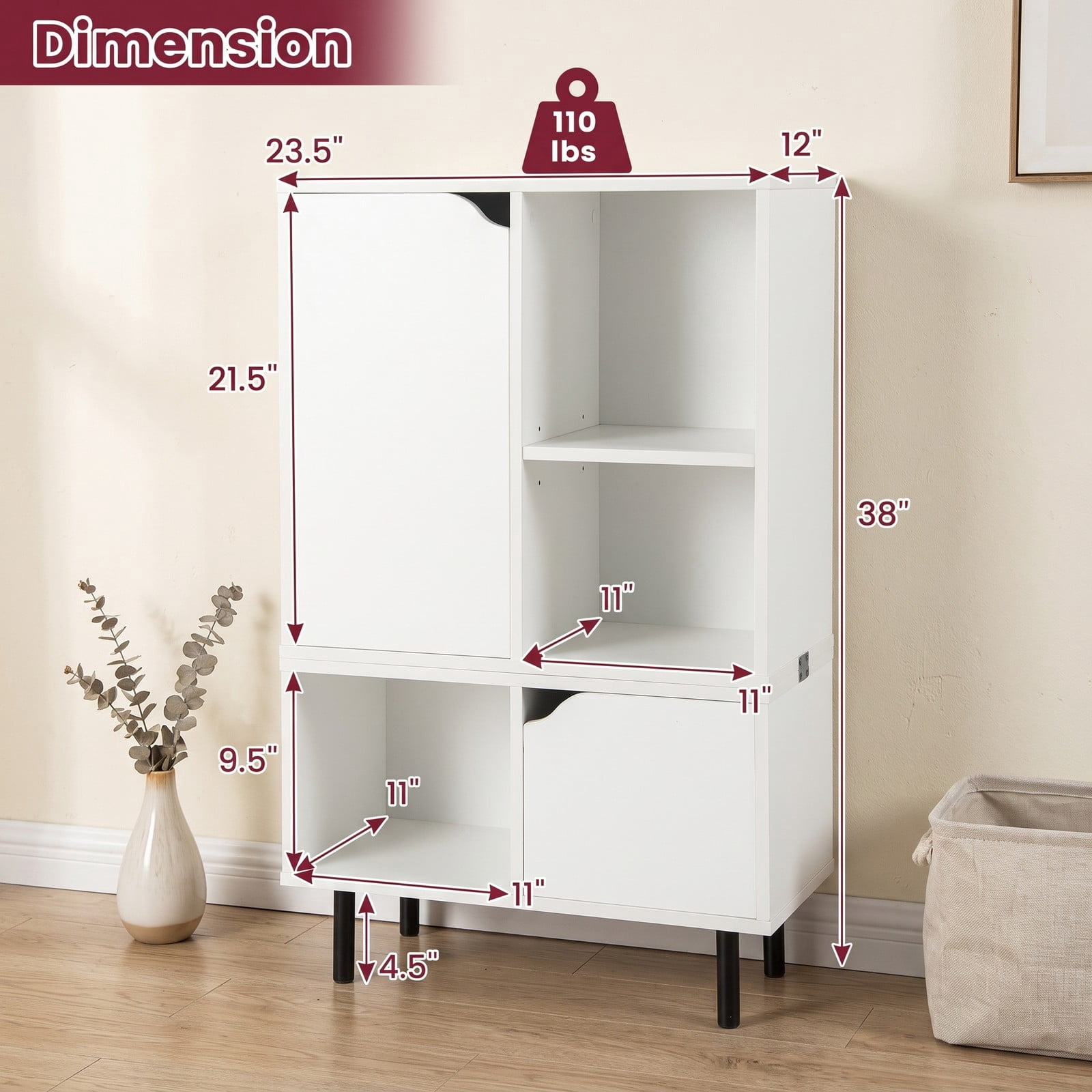 Furnibear Stackable Bookcase with Adjustable Shelf and Storage Cubes, Modern Wood Bookshelf with Enclosed Cabinet and Open Cube Display for Living Room Bedroom, White