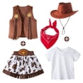 thumbnail image 3 of Cowboy Girls 5 Piece Outfit Short Sleeve Tees Sleeveless Cardigan Vest with Denim Skirt Hat Western Kids Clothes Set Brick Red1 Size 3-4 Y, 3 of 9