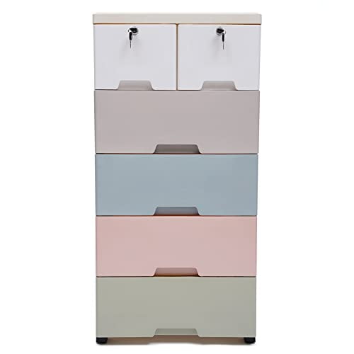 OUKANING 5Tier 6 Drawers Plastic Dresser Storage Bedroom Chest