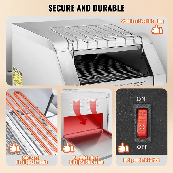 Commercial Conveyor Toaster 300 Slices Per Hour Heavy Duty Stainless Steel Electric Restaurant Toaster for Toast Bun Bagel Bread