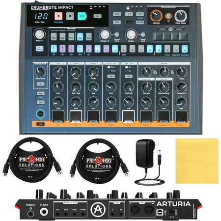 Arturia DrumBrute Impact Analog Drum Machine BUNDLE with 2x Pig Hog MIDI Cable 6ft, Power Supply, and Polishing Cloth - Beat Making Equipment with 10 Drum Sounds, 64 Patterns with 64 Steps