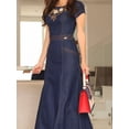 thumbnail image 4 of Vestido maxi ajustado para mujer, sexy, ajustado, elástico, con bordado floral, manga corta, de mezclilla, vestidos largos, ropa de oficina de verano para mujer, 4 of 4