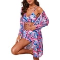 thumbnail image 5 of INSPIRE CHIC Women's Strappy Floral Printed Ruched Bikini Sets, 3 Pieces Long Sleeve Robe Cover Up BoyShorts Bottom Swimwear Blue Pink Medium, 5 of 6