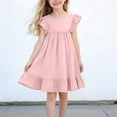 thumbnail image 3 of Scyoekwg Toddler Girls Dresses Kids Crew Neck Comfy Flying Sleeve Ruched Dress Short Sleeve Cute Solid Color Dresses, Pink, 6-7 Years, 3 of 6