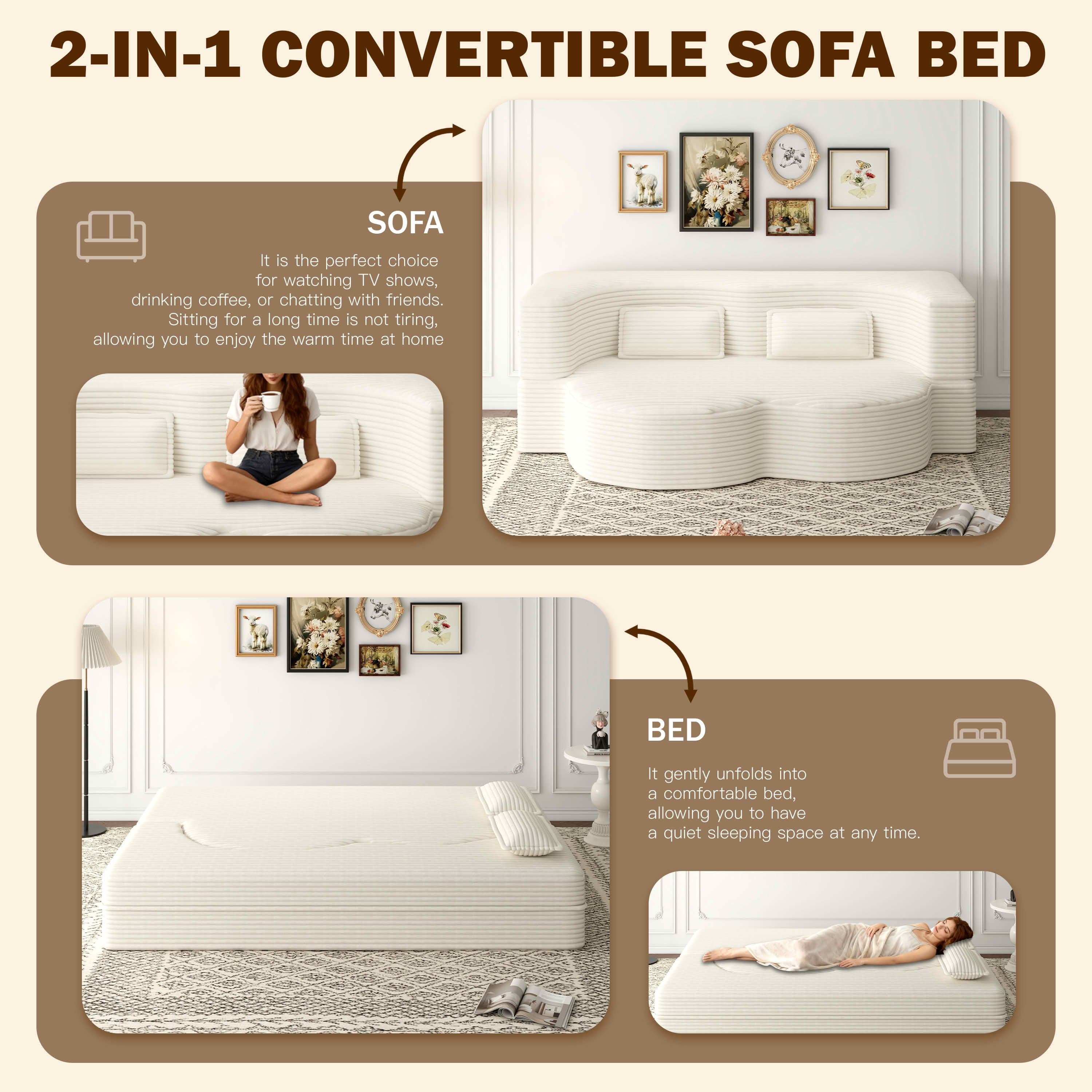 MAYEERTY Twin Corduroy Foldable Foam Floor Sofa Bed, Zero Assembly Vacuum Compressed Sleeper with 2 Pillows