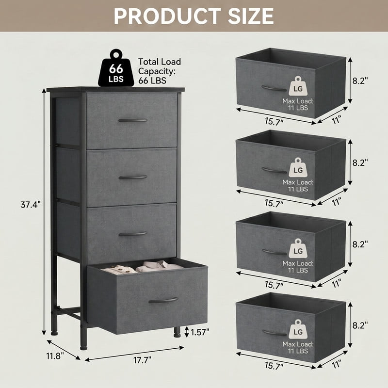 BEAUTYPEAK 4-Drawer Fabric Dresser Nightstand Bedside Table with Wood Top Adjustable Feet, Gray