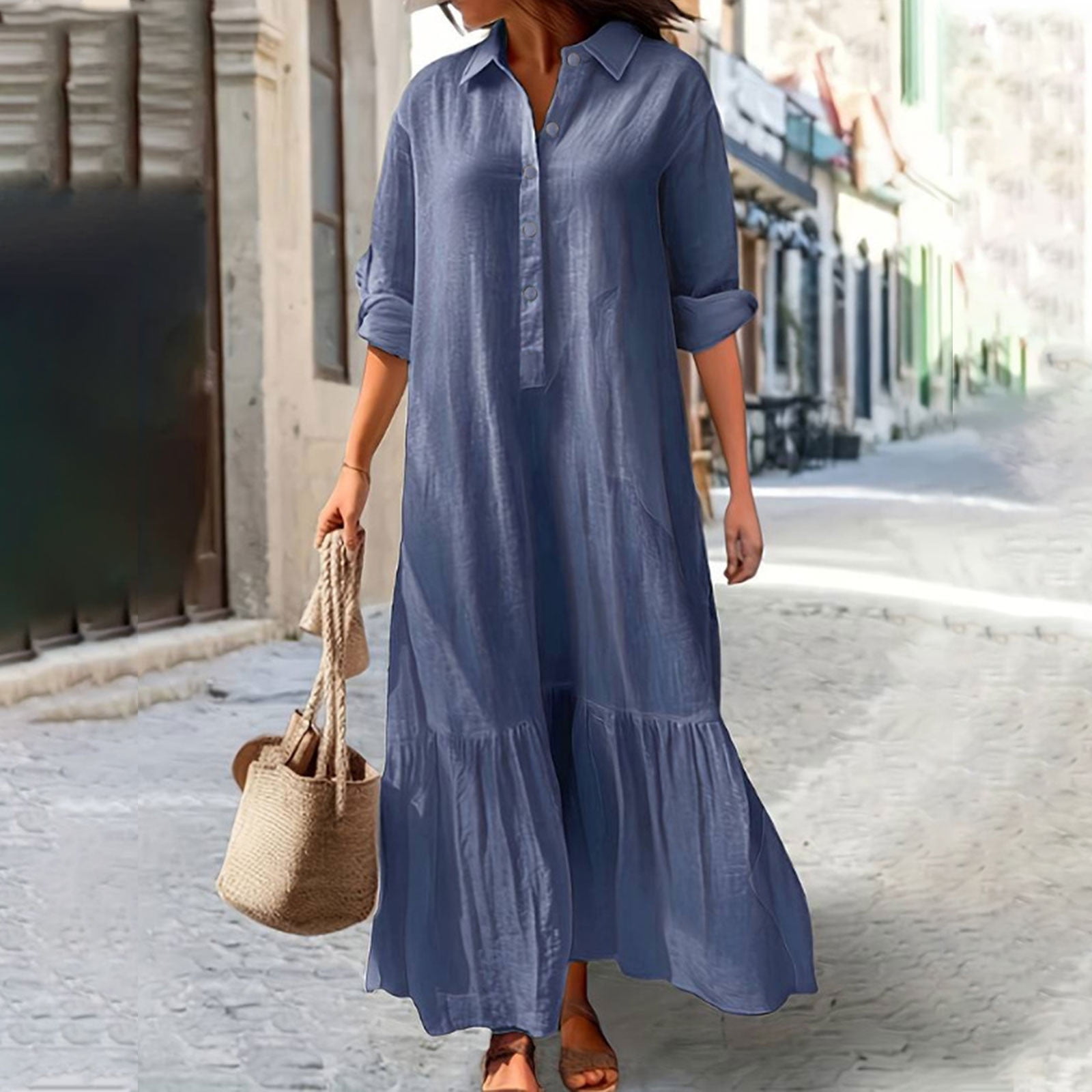 Women Cotton Linen Long Sleeve Button Lapel Maxi Shirt Dress Plus-size Layered Ruffled Hem Dress for Daily Wear