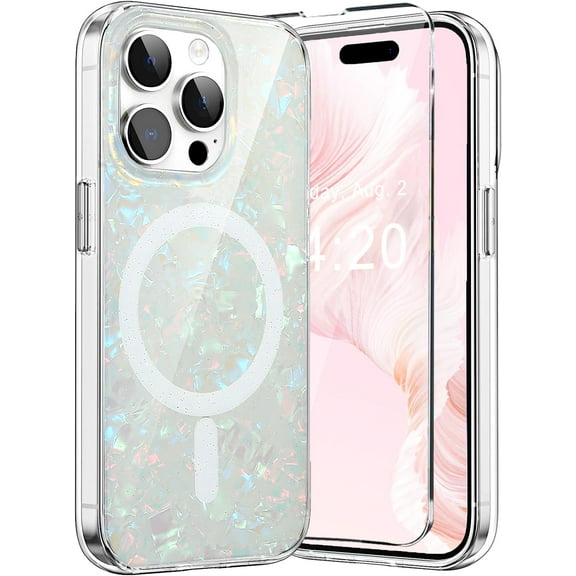 Compatible with iPhone 15 Pro MagSafe Case for Women Girls, Opal Pearly Bling Glitter Iridescrent iPhone 15 Pro Magnetic Cover [1 Screen Protector] [10ft Drop Protection](Colorful Opal)