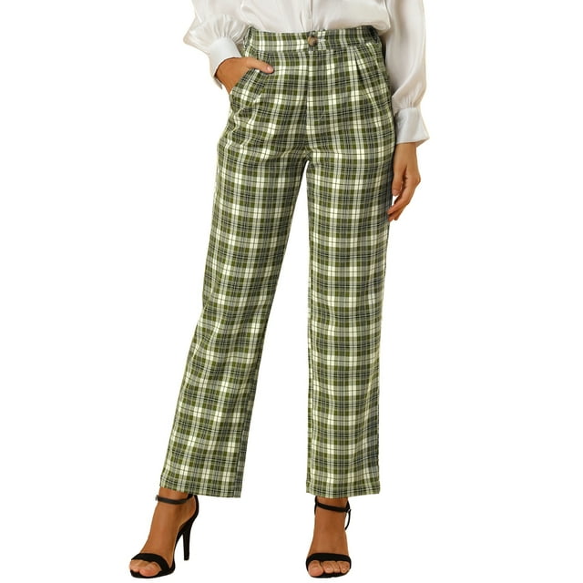 INSPIRE CHIC Pantalones a cuadros casuales para mujer, bolsillos, pierna recta, trabajo, oficina, pantalones Verde XS
