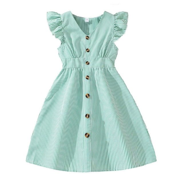 Robe d'Été Décontractée Sans Manches pour Filles, Ligne A, Boutonnée, Ourlet à Volants, Rayée, 8-12 Ans