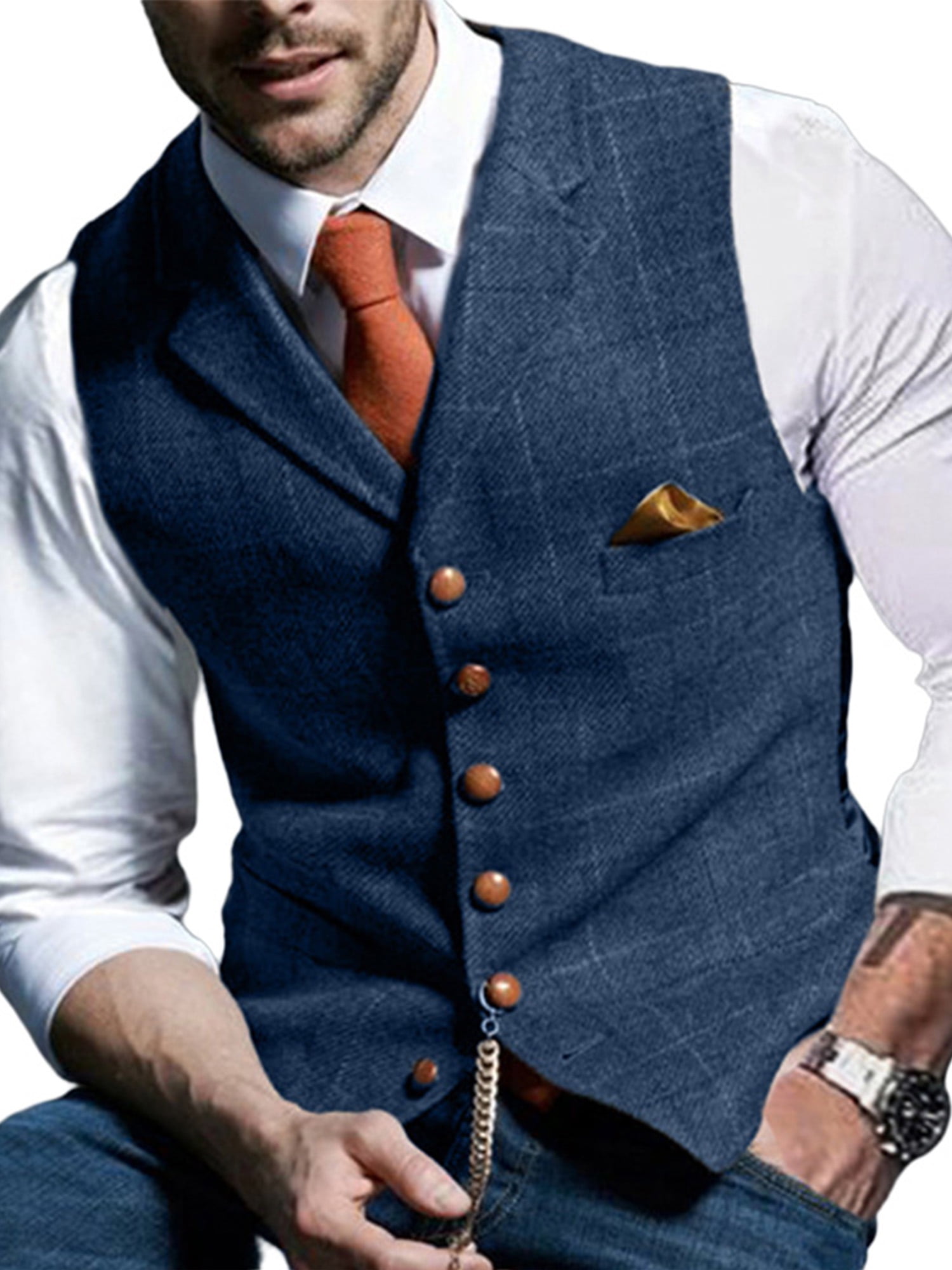 HISDERN Mens Suit Vest Herringbone Tweed Premium Wool Business Formal Slim Fit Dress Vests for Suit or Tuxedo Wedding 