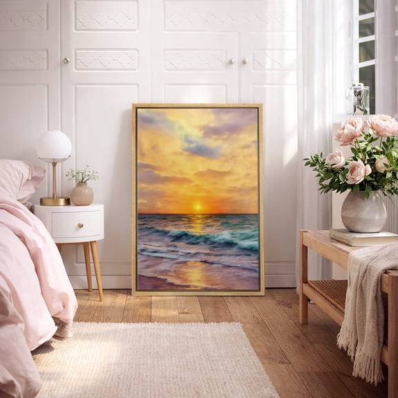 Framed Canvas Print Sunset Wall Art Beach Coastal Decorative for Living Room Bedroom - 16"x24" NATURAL