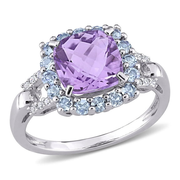 AMOUR Halo Diamond, Amethyst, and Cushion Cut Tanzanite Ring In Sterling Silver