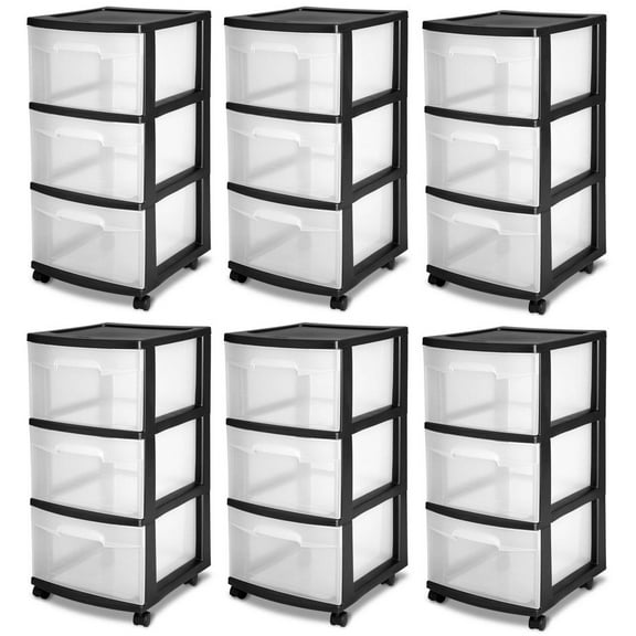 Sterilite 3-Drawer Plastic Rolling Storage Cart, Clear/Black Frame (6-Pack)
