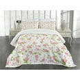 thumbnail image 3 of Ambesonne Shabby Flora Quilted Bedspread Set 3 Pcs, Nature Blossom Buds, Queen Size, Pink White and Green, 3 of 5