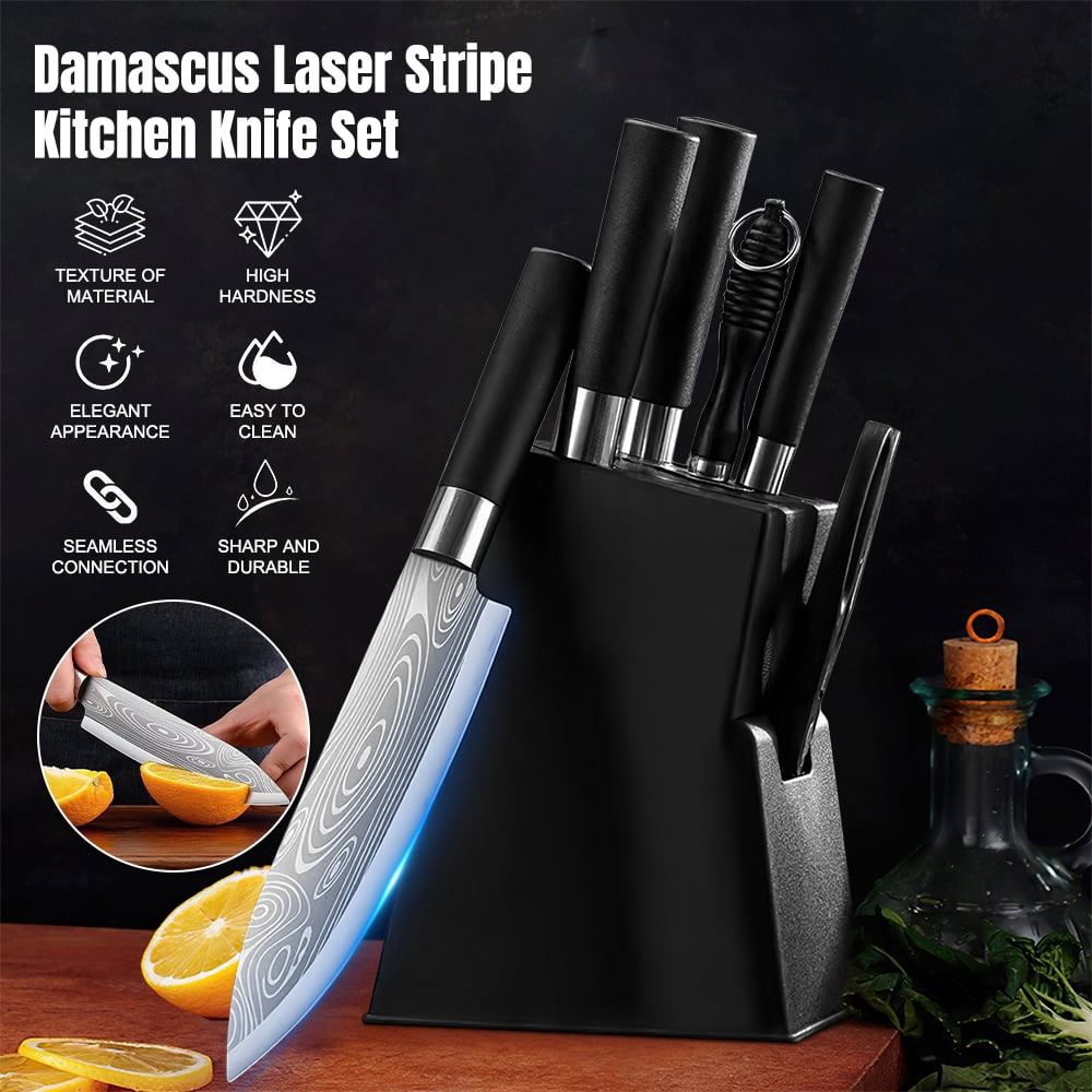 MDHAND 7-Piece Kitchen Knife Set with Block, Damascus Pattern Stainless Steel