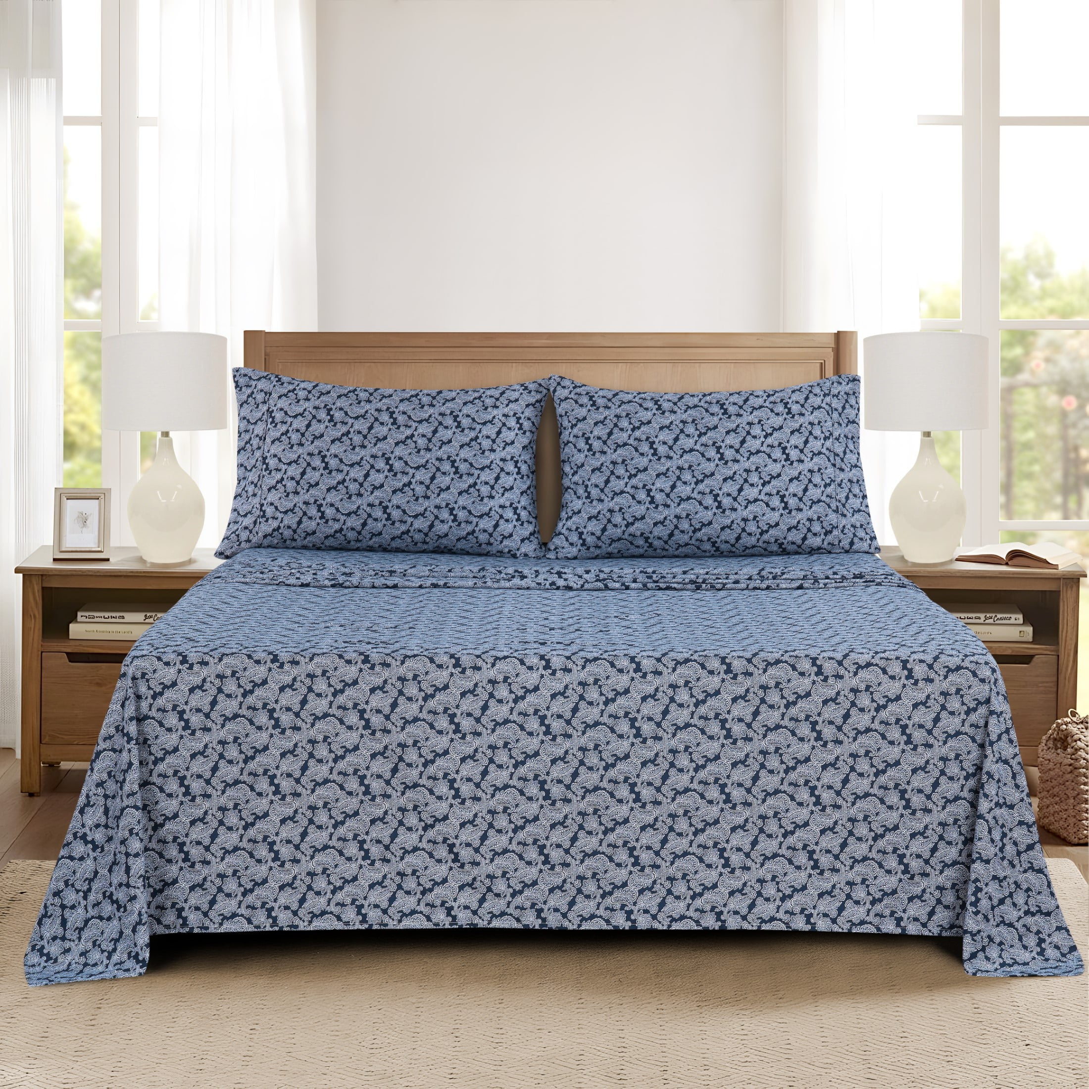 Mainstays Super Soft Brushed Microfiber Bed Sheet Set, Navy Blue Hayden Paisley Print, Full, 4 Piece