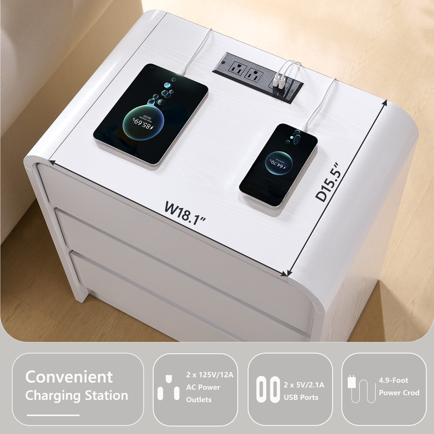 wow97e Modern Nightstand with Charging Station, 3 Drawer Wood Bedside Table w/Curved Profile Design for Bedroom