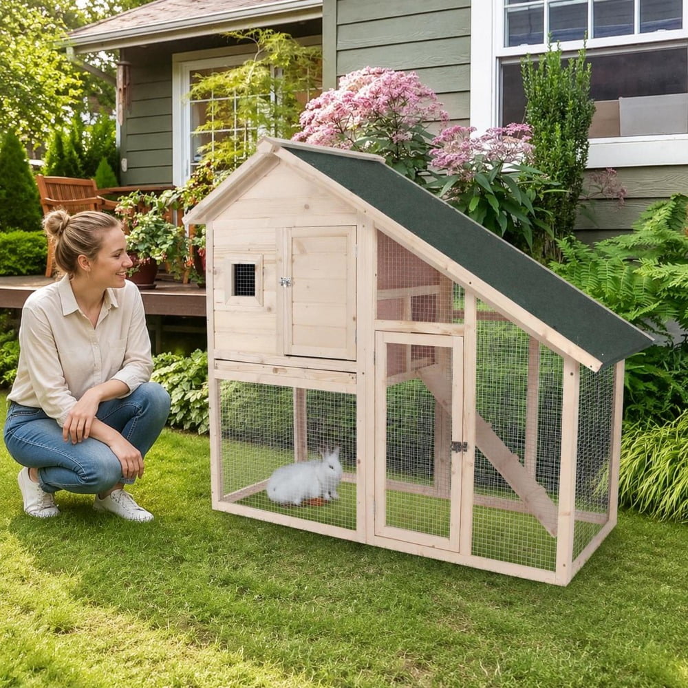 Rabbit Hutch, 55 inch 2-Tier Wooden with Ramp, Waterproof Roof, Removable Tray, Outdoor Run