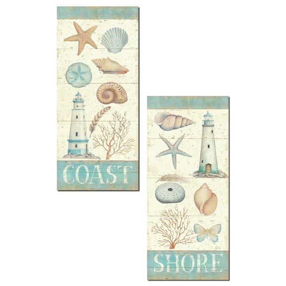 Lovely Lighthouse, Sand Dollar, Starfish, Butterfly and Coral Paper Panels by Daphne Brissonnet; Coastal Decor; Two 8x18in Poster Prints