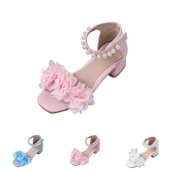 SGFCWSX Girls Dress Sandals Square Toe Flower Accent Pearl Ankle Strap Low Block Heel Princess Sandals for Pageant Party Use Pink Size 1 Big Kids