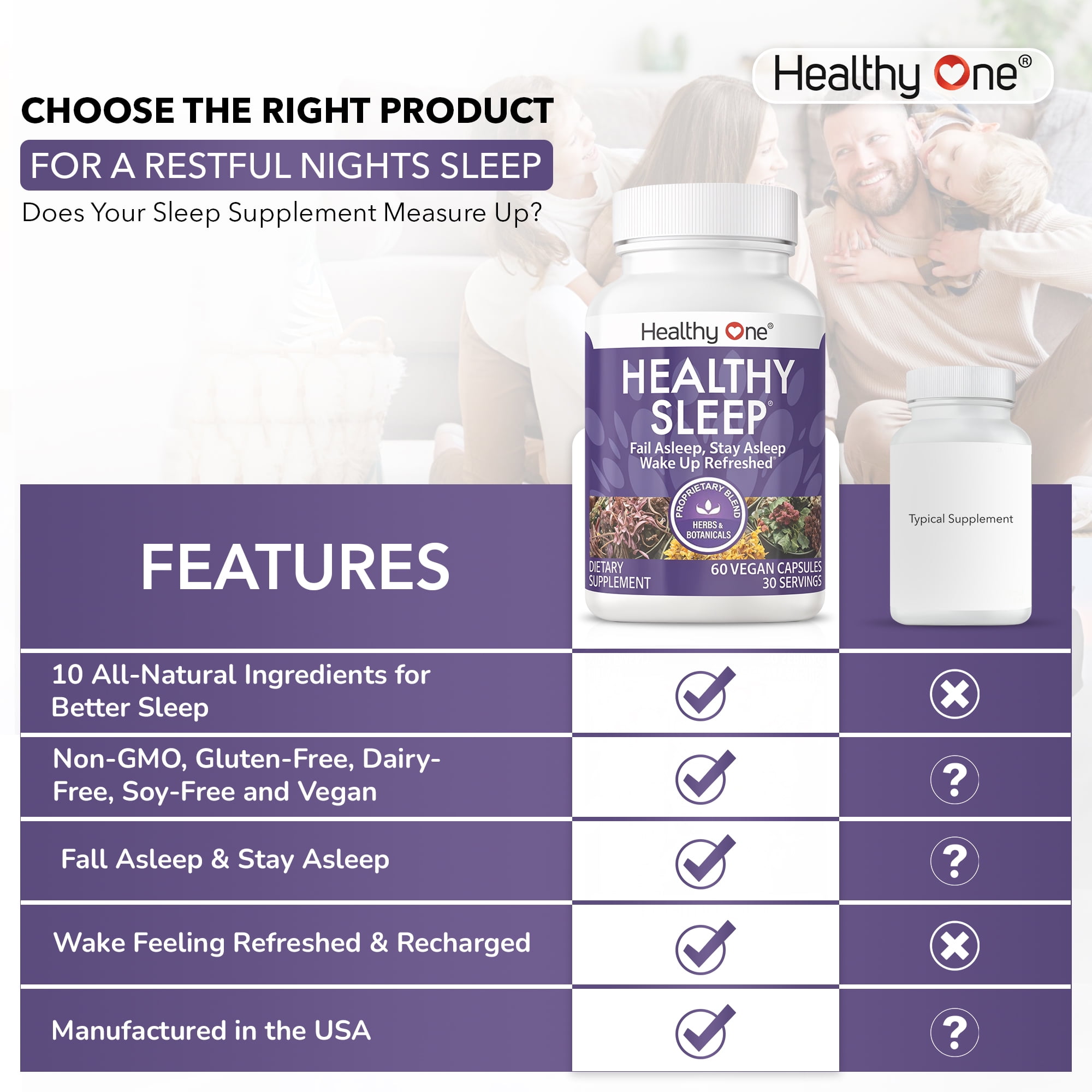 (6 pack) Healthy One Healthy Sleep Supplement, Melatonin, plus 9 other Ingredients. 60 Capsules