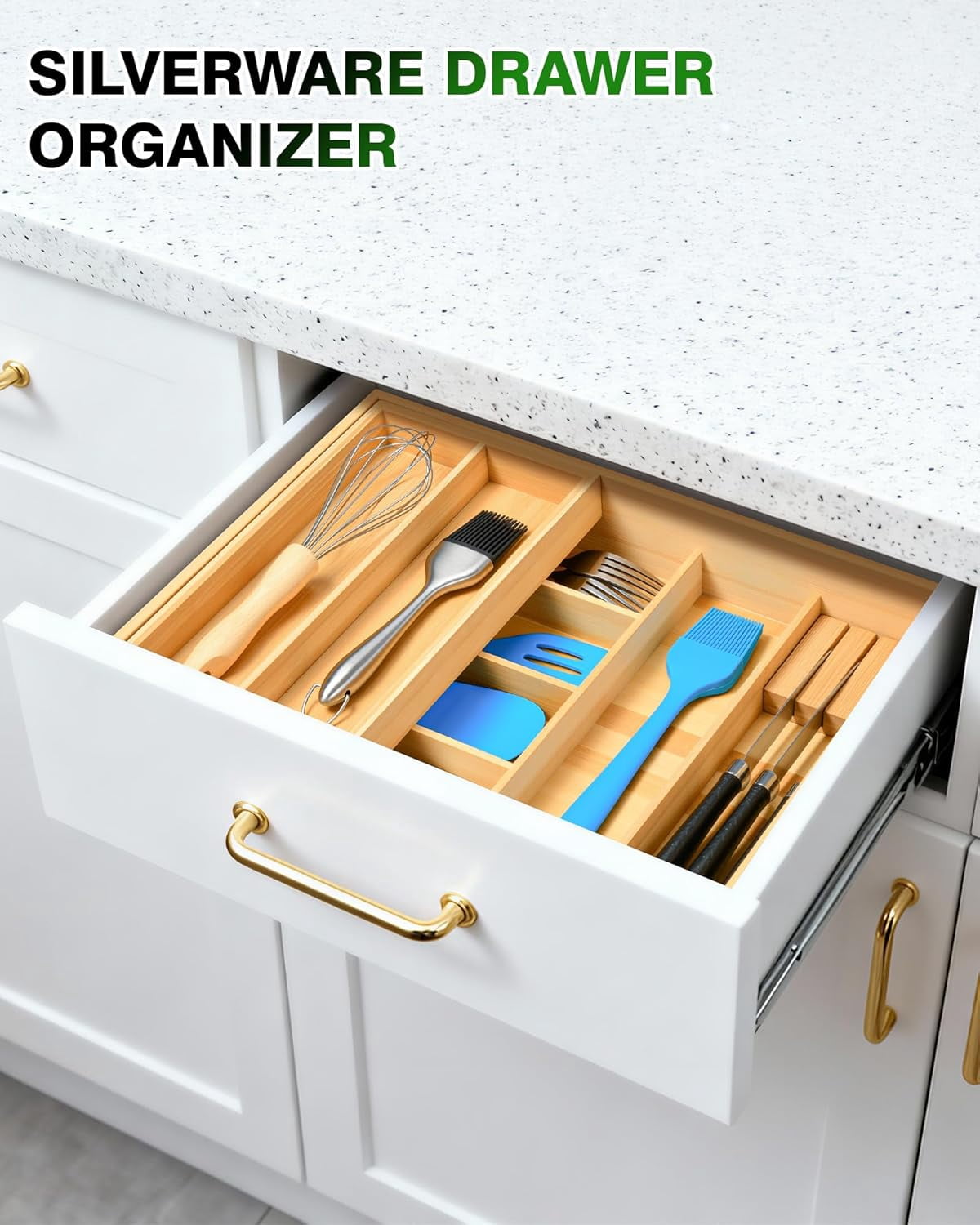 Silverware Drawer Organizer with Sliding Top Tray, Double Layer Wooden Utensil Organizer with Removable Knife Holder
