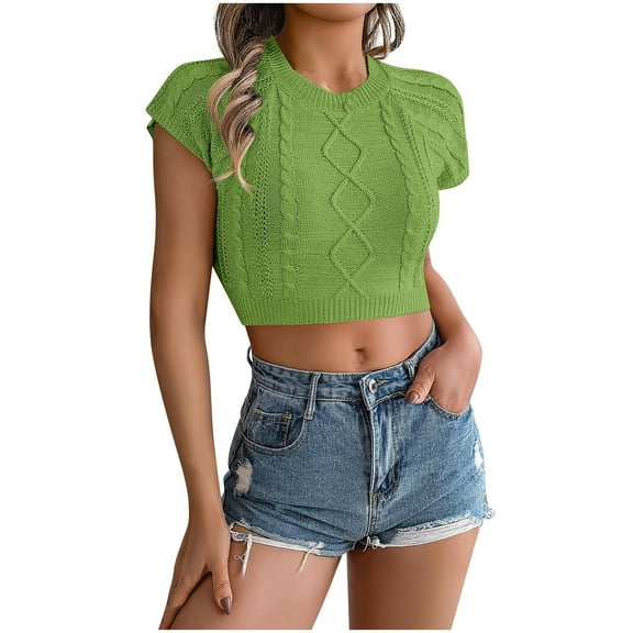 JUUYY Women's Summer Sweater Knit Crop Tops Short Sleeve Casual Blouses Crewneck Jacquard Knitted Pullover Shirt Green M