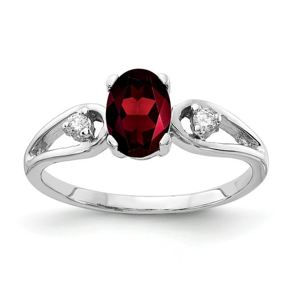 14K White Gold Ring Band Gemstone Diamond Round Garnet Oval Red