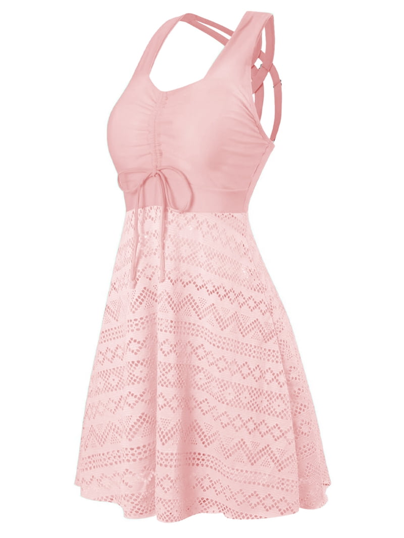 Womens Plus Size High Waist Skirted Swimsuit Tummy Control Lace Mesh Top and Swim Bottoms Light Pink 4XL