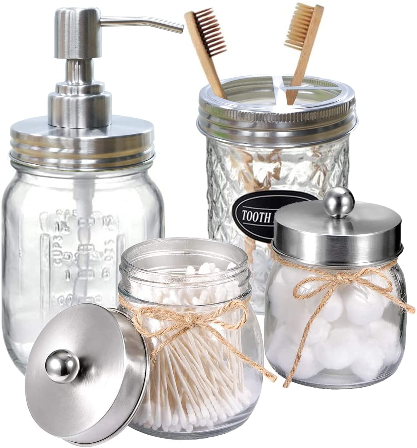 Premium Mason Jar Bathroom Accessories Set (4PCS) - Lotion Soap Dispenser,Toothbrush Holder,2 Apothecary Jars- Rustic Farmhouse Decor (Silver)