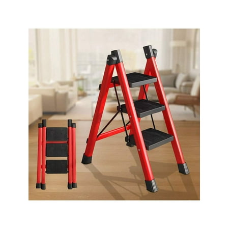 Senmeo Step Ladder, 3 Step Ladder With With Anti-Slip And Wide Pedal,Portable Foldable Step Stool,Tall Sturdy Step Ladder For Home Kitchen Household,Red