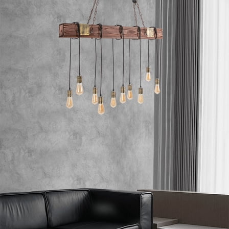 10-Light Brown Industrial Wood & Iron Chandelier 46.46x66.54inch Ceiling Light Fixture for Kitchen Island, Dining Room