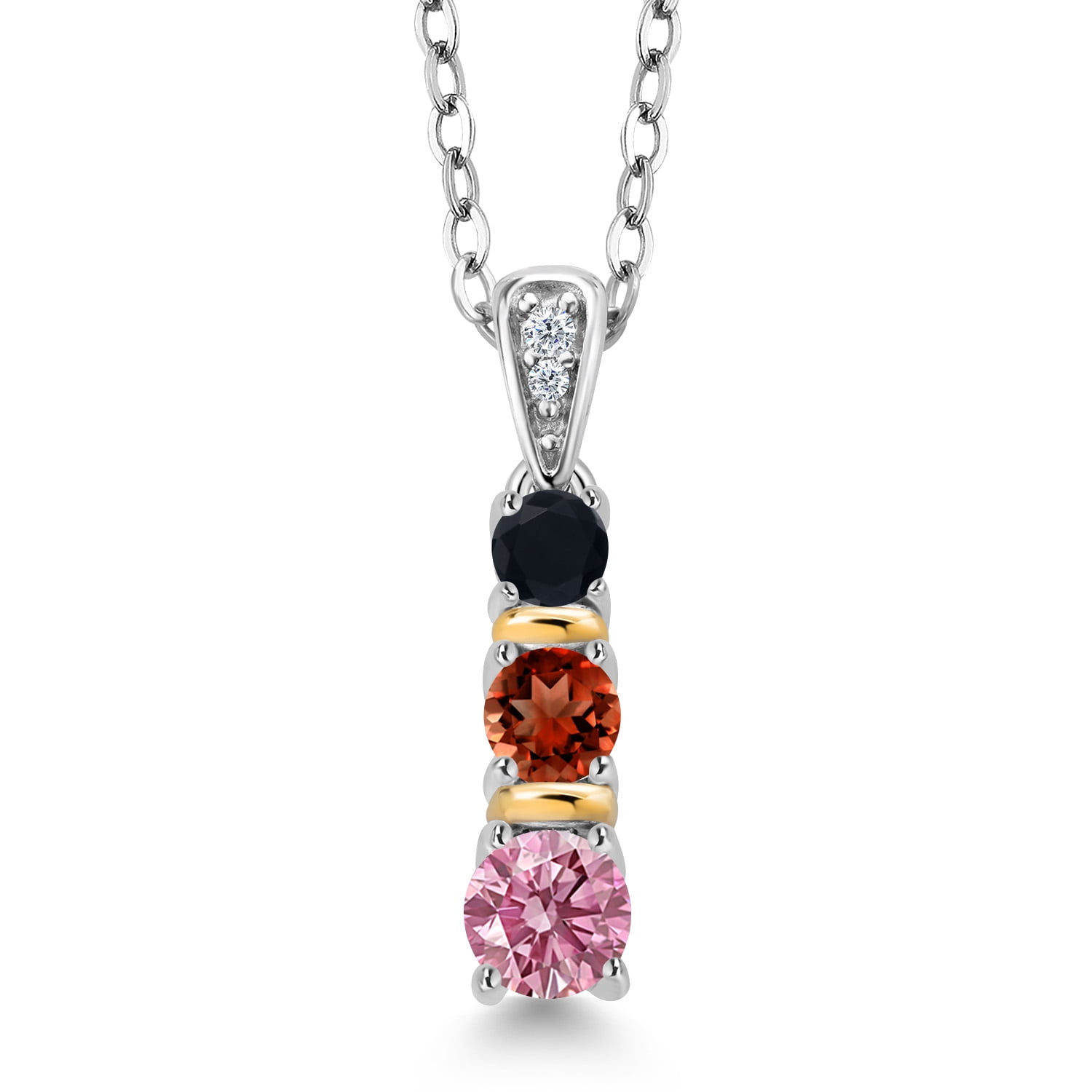 Gem Stone King 925 Silver and 10K Yellow Gold Round Pink Lab Grown Diamond Red Garnet and Black Onyx Pendant Necklace for Women (0.55 Cttw, Gemstone April Birthstone, with 18 inch Chain)