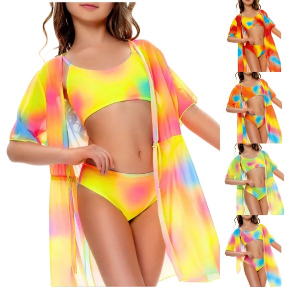 SGMVNU Girls 3 Piece Swimsuits, Bikini Set with Mesh Kimono Cover Up, Kids Bathing Suit Summer Beach Swimwear Set, Size 10-11 Years, ku1-Yellow