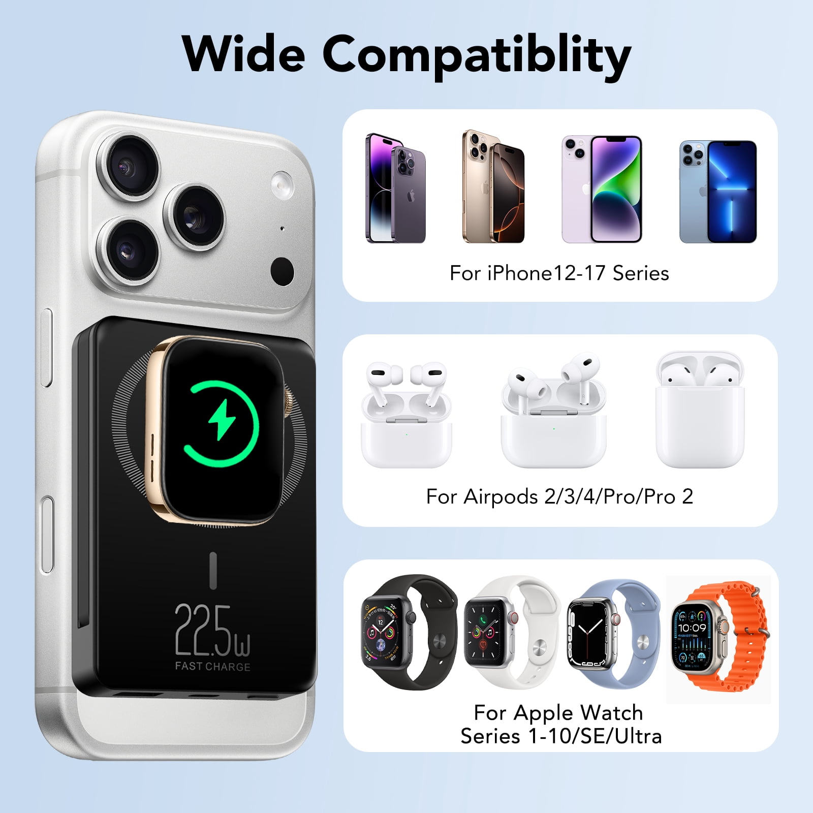 Magnetic Portable Charger with Built-in-Cable, iWatch Charger, 10000mAh Power Bank with Display, Foldable Stand, 22.5W Fast Charging Travel Battery Pack Compatible with iPhone and Apple Watch