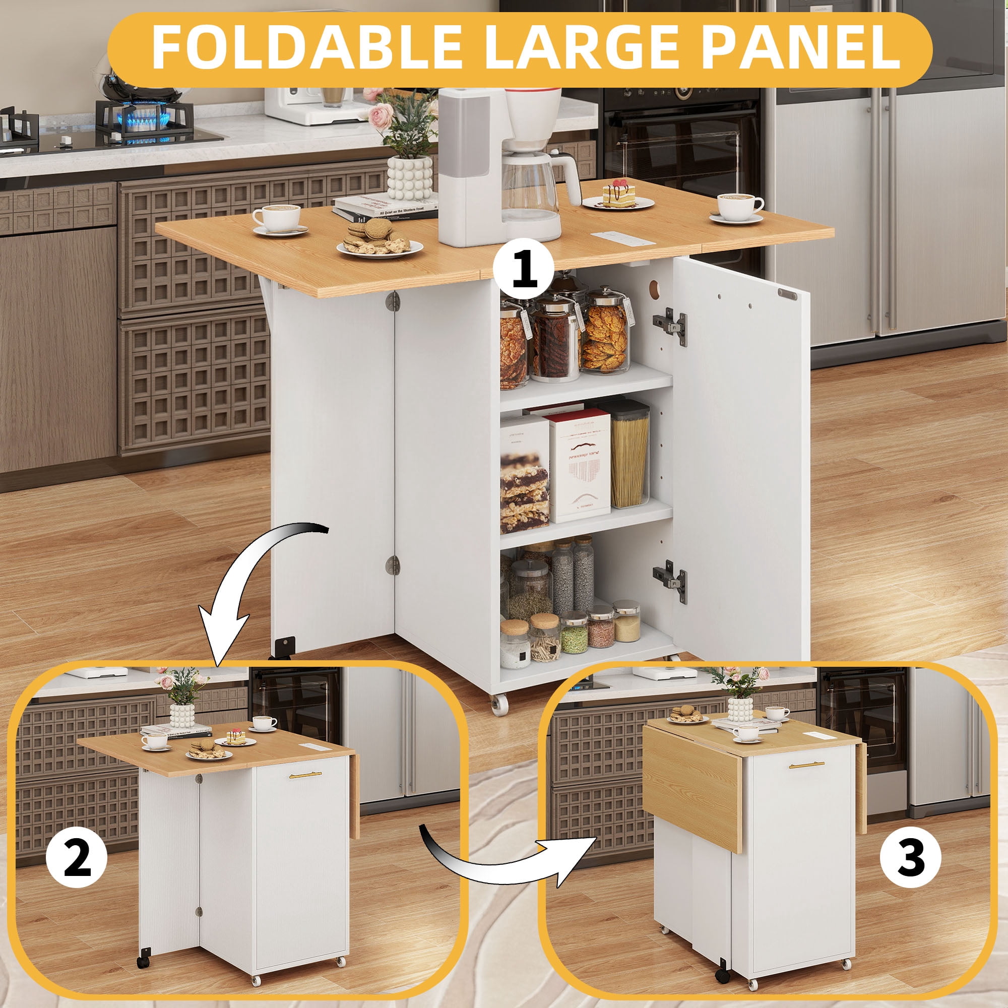 Craftian Rolling Kitchen Island with Cabinet for 10-Gallon Trash Bin, Kitchen Storage Cart with Drop Leaf & Power Outlets, White
